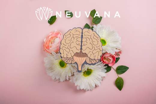Brain picture surrounded by a bed of flowers with the neuvana logo at the top