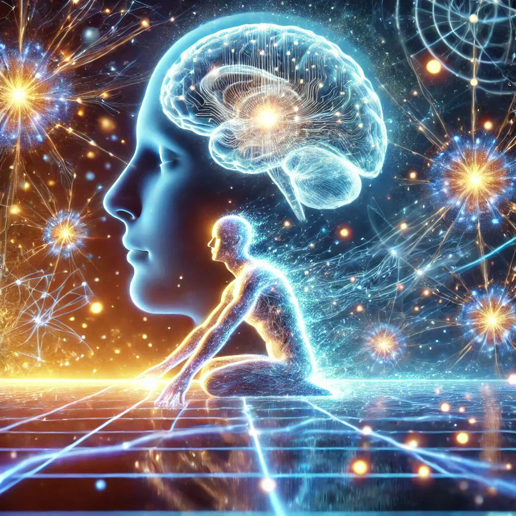 Person in deep focus surrounded by glowing neural pathways