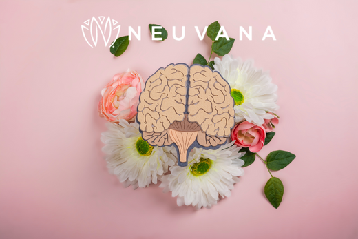 Brain picture surrounded by a bed of flowers with the neuvana logo at the top 