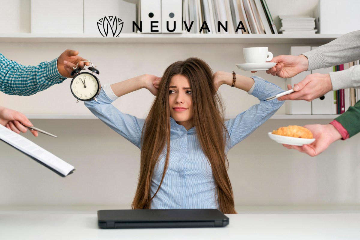 A woman looking stressed and overwhelmed at her desk, surrounded by multiple hands holding a clock, a cup of coffee, a croissant, and a clipboard, with the Neuvana logo at the top