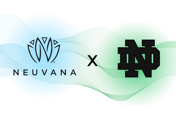 Neuvana and University of Notre Dame logo side by side in front of a green and blue background 